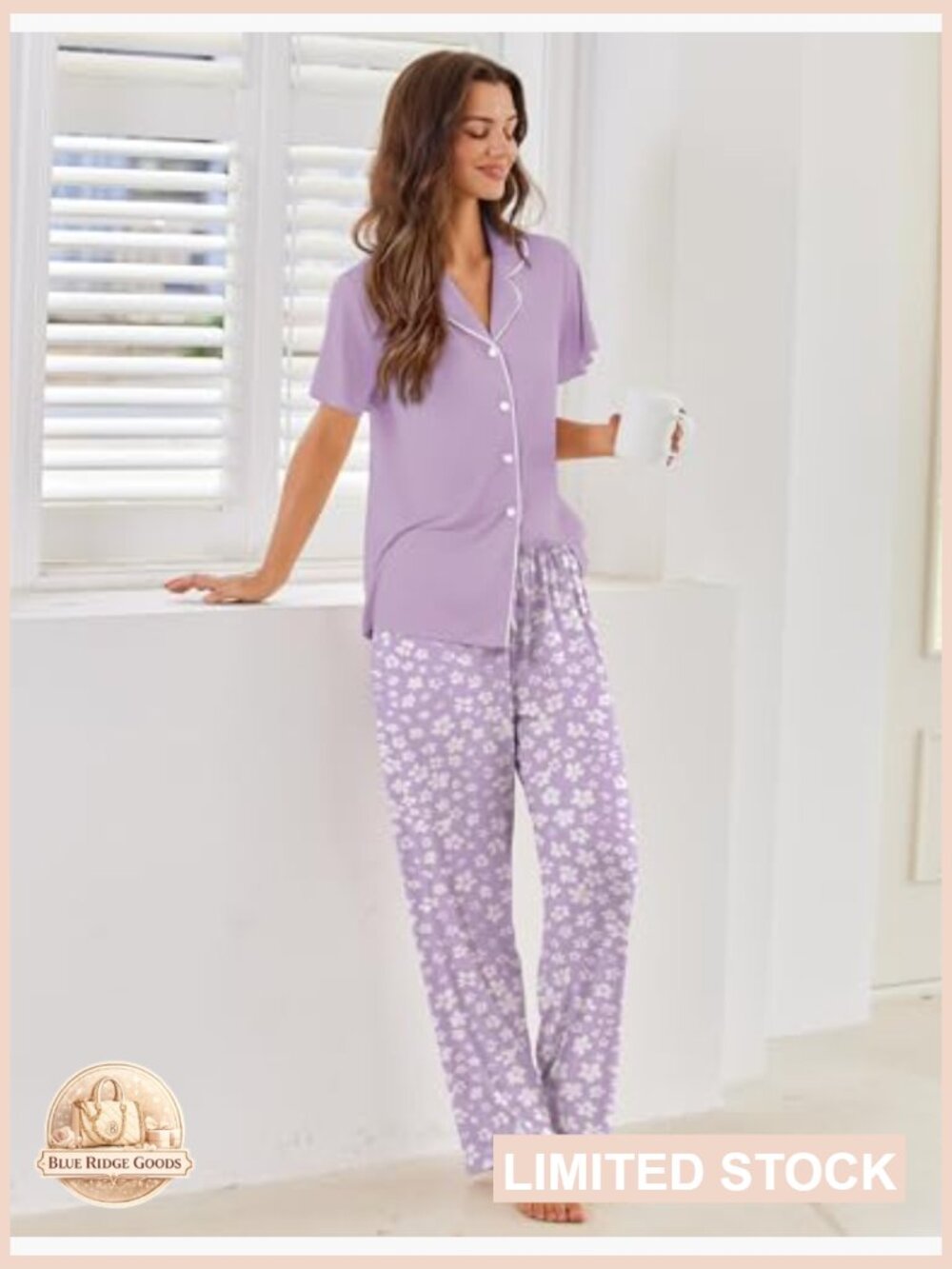 Button Up Pajama Set Ruffle Sleeve Notch Collar Loungewear Soft Stretch - Picture 5 of 7